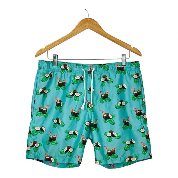 Crown & Ivy Tropical Coconut Drink Swim Trunks Teal Men Size Medium - Picture 1 of 11